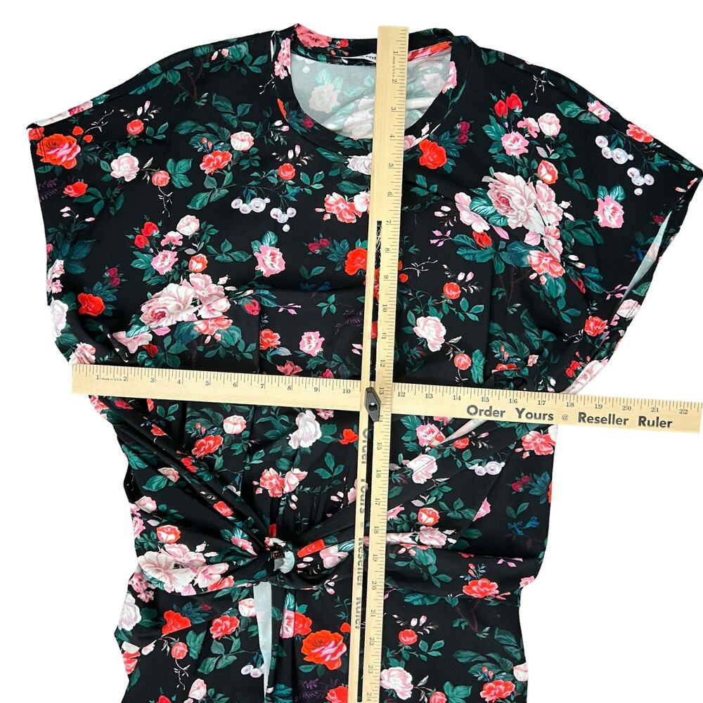Paco Rabanne Black Pink Floral Cap Sleeve Belt Faux Wrap Midi Dress 44 / 12 NEW - Picture 5 of 14